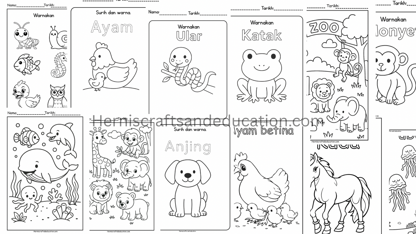 A4 size lembaran Mewarna tema haiwan